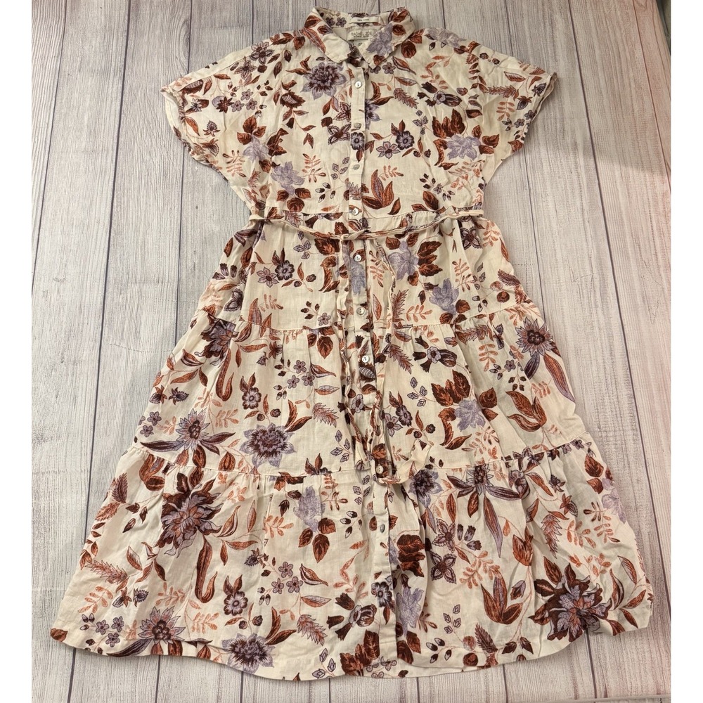 Rachel Zoe 100% Linen Floral Tiered Midi Shirt Dress Belted Boho Size Medium